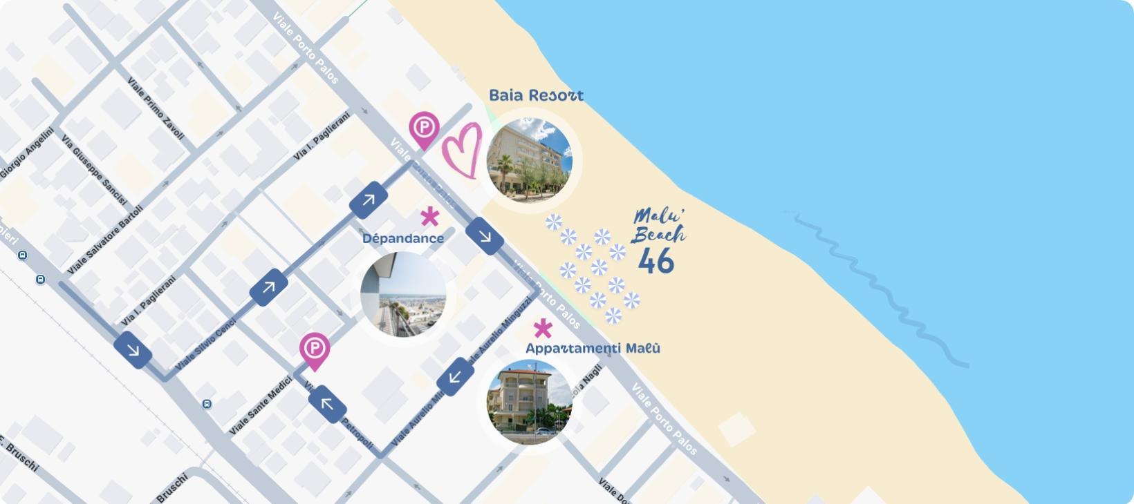 Mappa con Baia Hotel, Appartamenti Maelù e spiaggia Maelù Beach 46 vicino al mare.