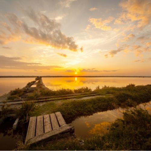 Tramonto dorato su un paesaggio lacustre con passerella in legno.